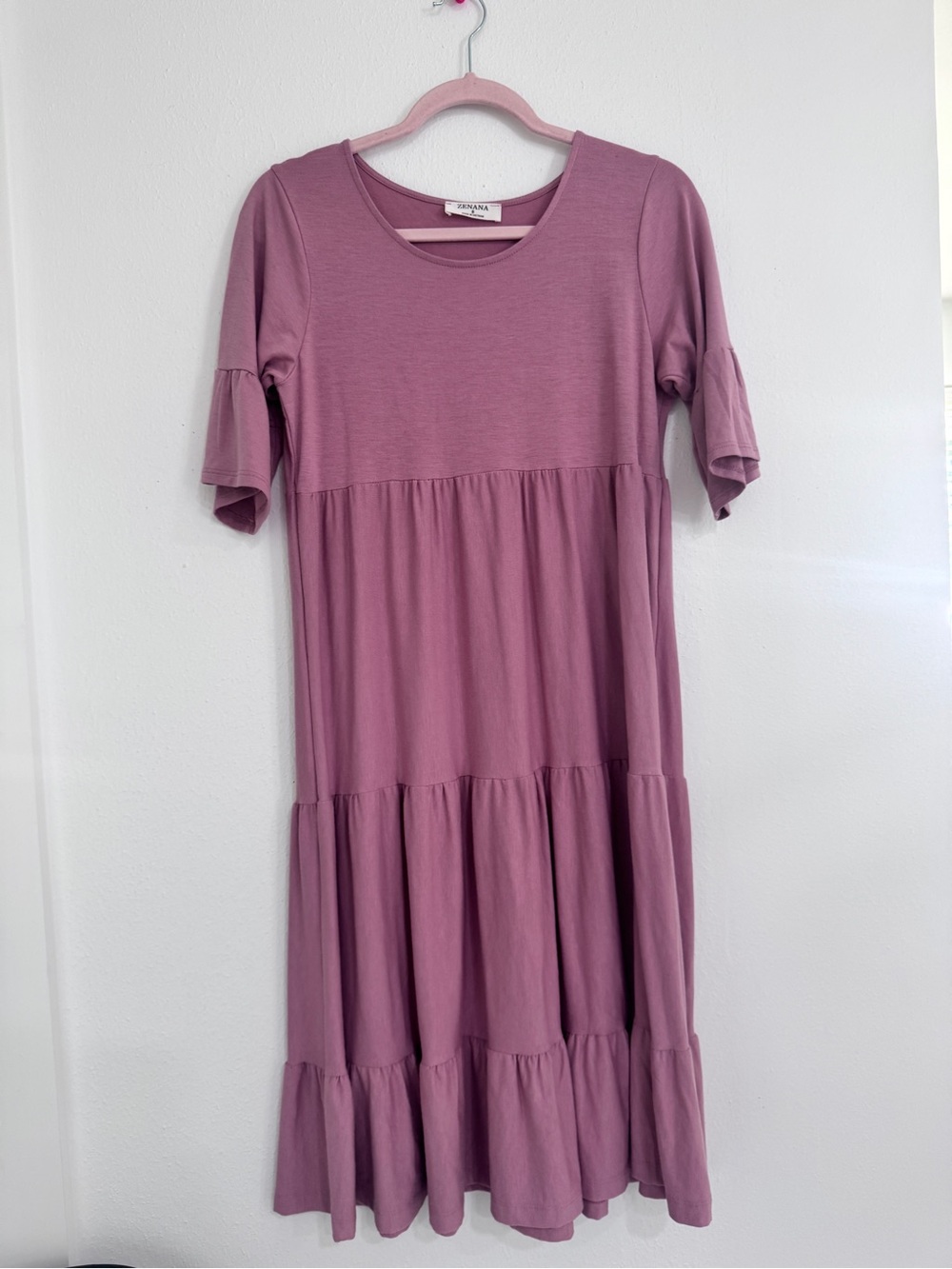 Zenana Mauve Tiered Babydoll Midi Dress with Bell Sleeves - Size S